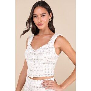 Lulus Upscale Instinct Ivory And Brown Tweed Button-front Tank Top White
